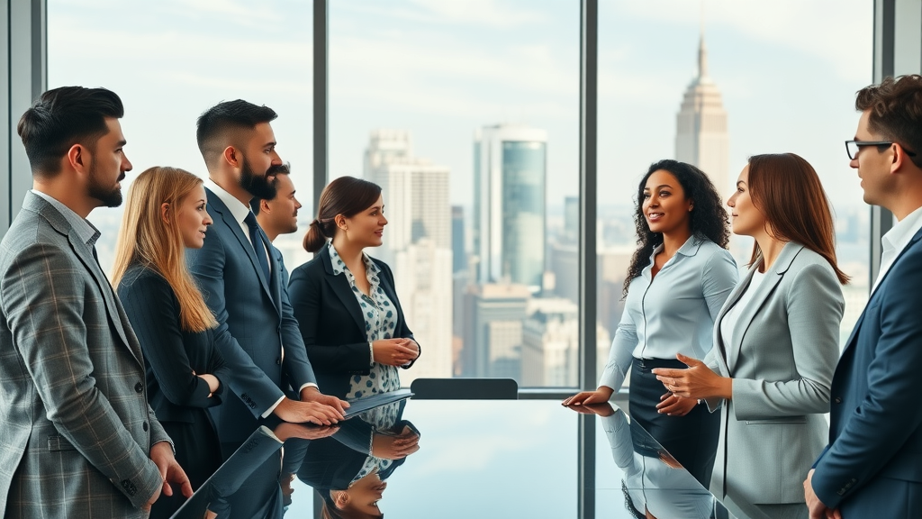 business strategy consultant professionals collaborating around conference table, modern office, city skyline view, crisp attire, natural daylight