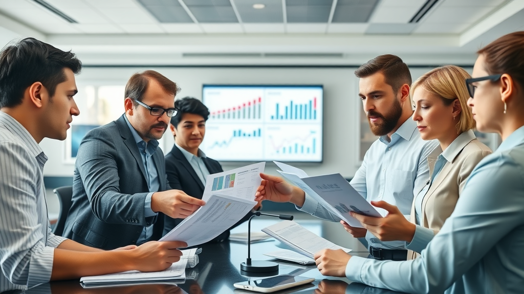 organized business meeting, collaborative professionals reviewing financial statements and digital devices, tax planning advisor, conference room, charts and screens, lifelike detail