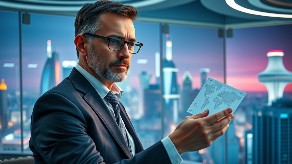 business growth strategy consultant observing innovative business model diagrams in a futuristic office
