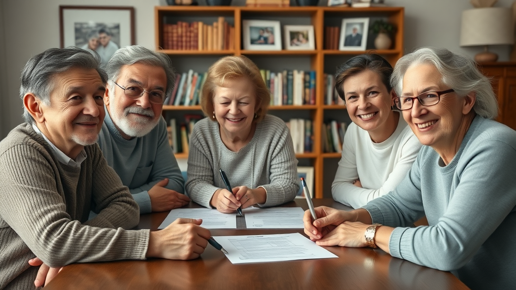 Estate planning - Multigenerational family reviewing estate documents in a cozy home study