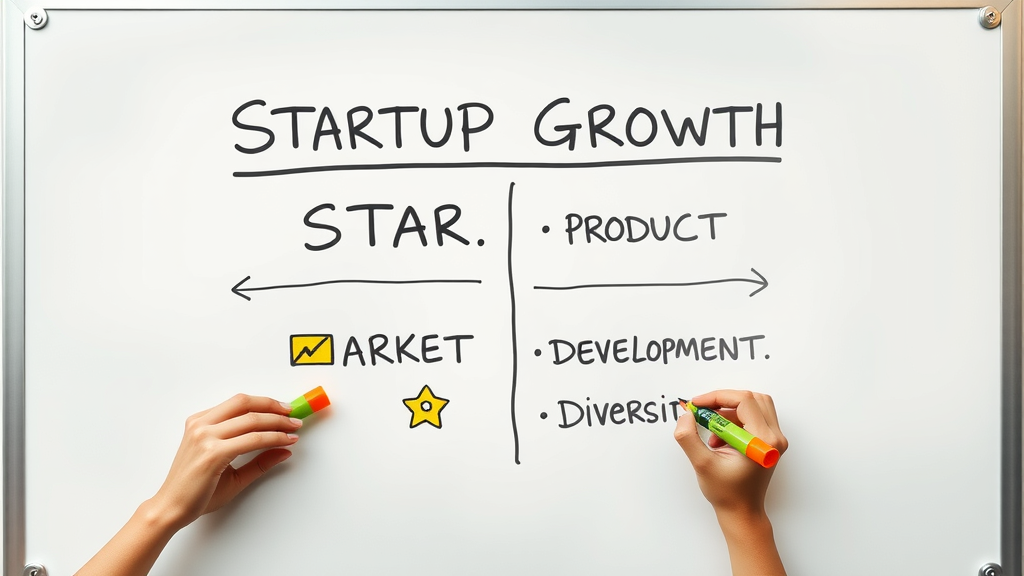 Creative infographic of four startup growth strategies: market penetration, product development, market development, diversification, startup growth strategies
