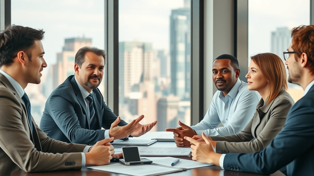 professional business consultants in a meeting, engaged in strategic discussion, consulting work, modern office boardroom, business consulting
