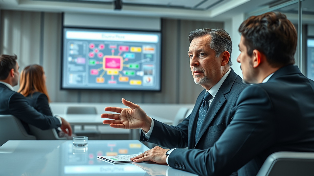 experienced consultant with thoughtful expression presenting digital flowchart to executives