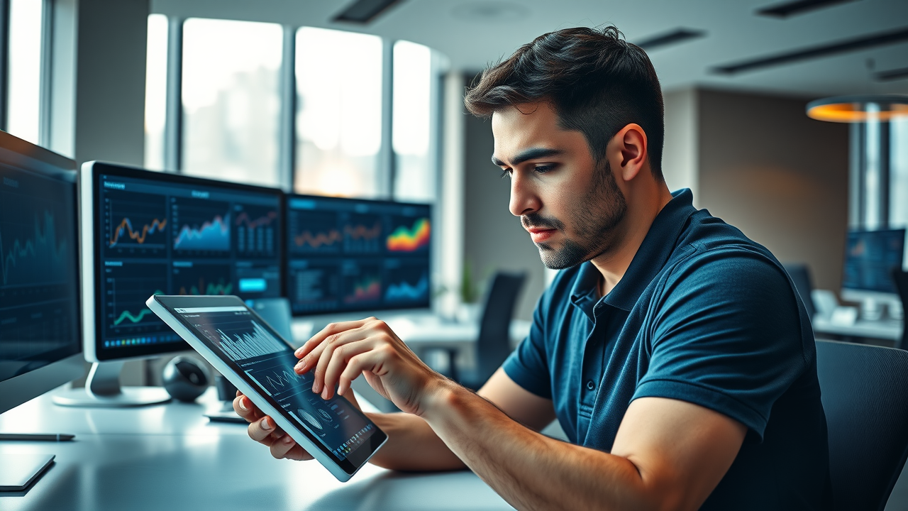 tech-savvy consultant analyzing big data dashboard on tablet in high-tech sleek office