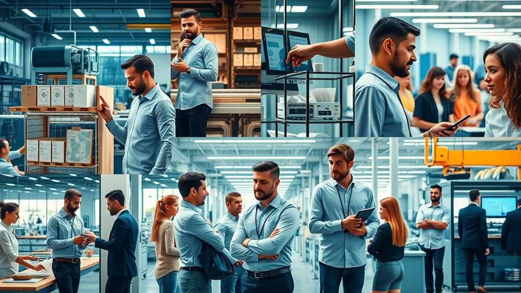 Vibrant collage of business sectors using business strategy consultant services: tech startups, manufacturing, retail, professional services, strategy consulting, consulting firms