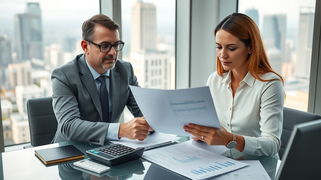 professional consultant, reviewing tax planning documents with financial advisor, individual tax, analysis group, cash flow, high income earners consultant, modern executive office