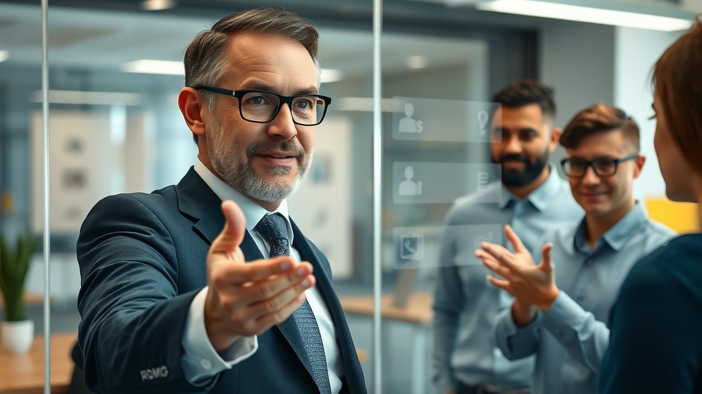 business strategy leadership: leader guides team through obstacles with solutions on glass panel