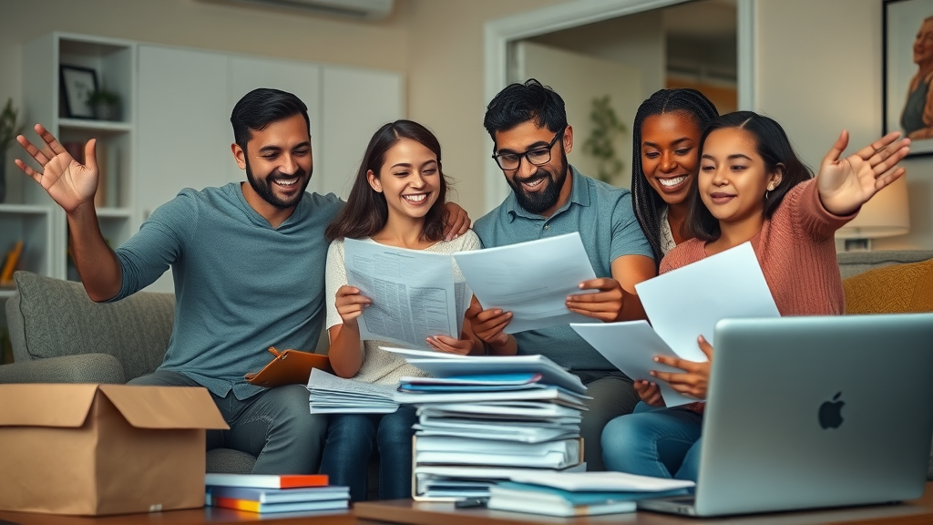 Estate planning - Diverse family organizing financial and legal documents in a well-organized living room