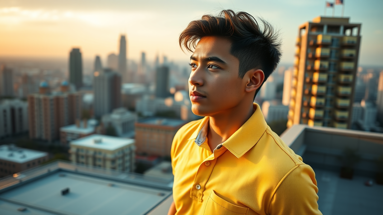 ambitious young management consultant holding diploma before city skyline during golden hour