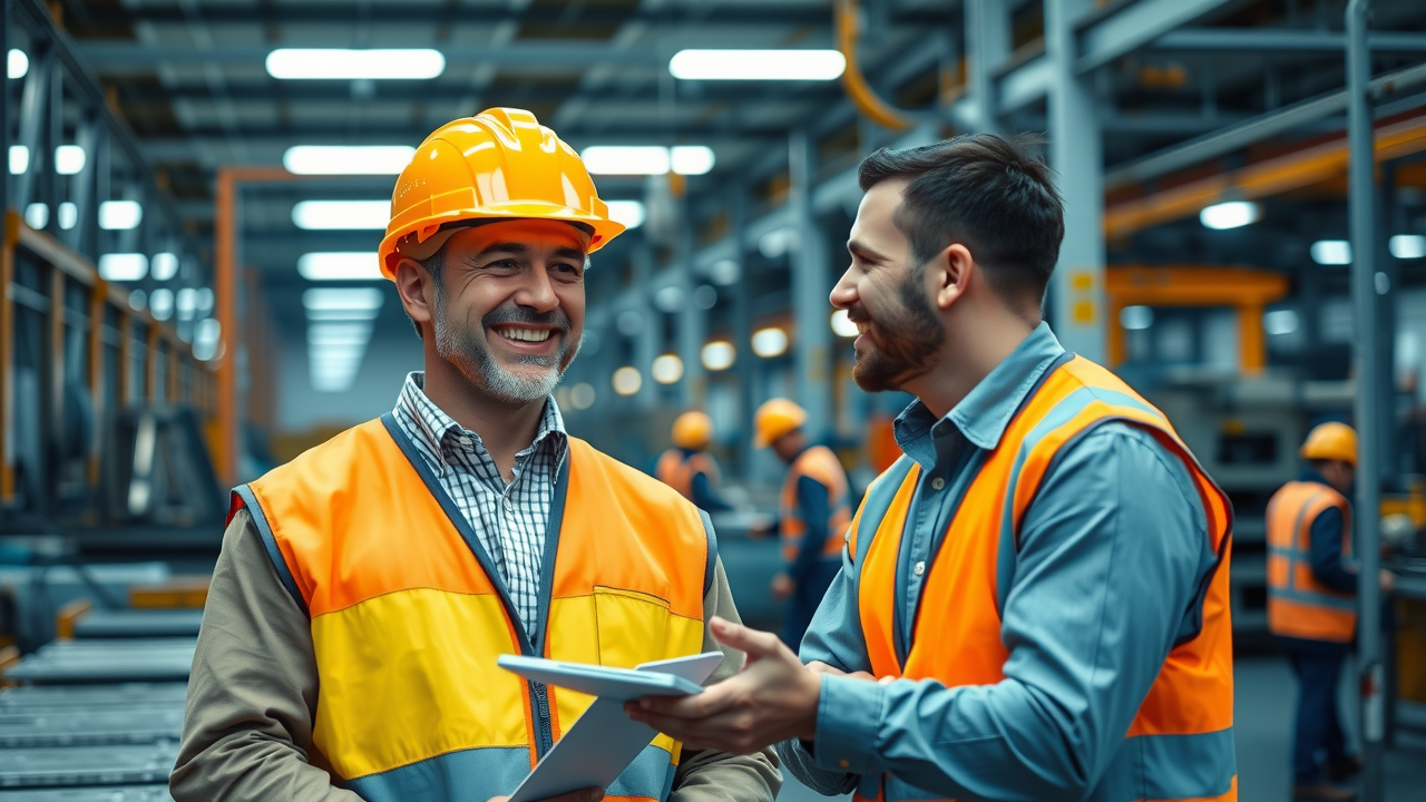 happy business owner shaking hands with consultant in bustling factory setting