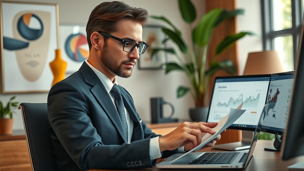 Business growth consultant reviewing data and financial strategies in executive office