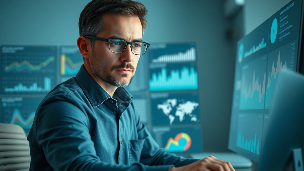 Professional marketing analyst using analytics dashboard to segment target audience, optimizing startup growth strategies