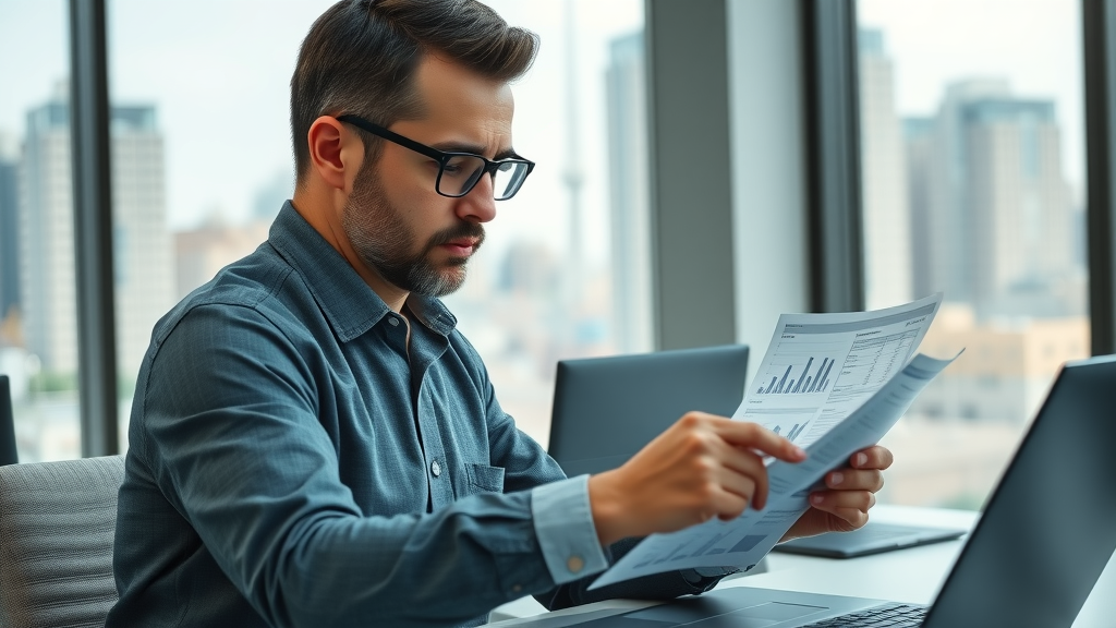 Estate tax - Accountant reviewing estate tax and state tax charts in an office overlooking a city