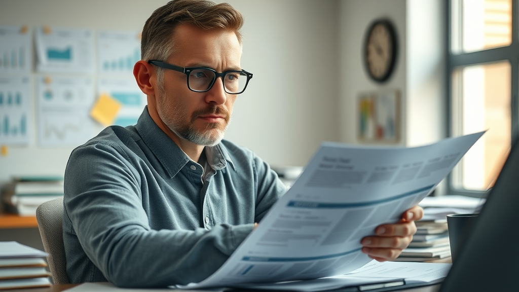 business plan mistakes, small business owner reviewing financial documents in a modern office, serious expression