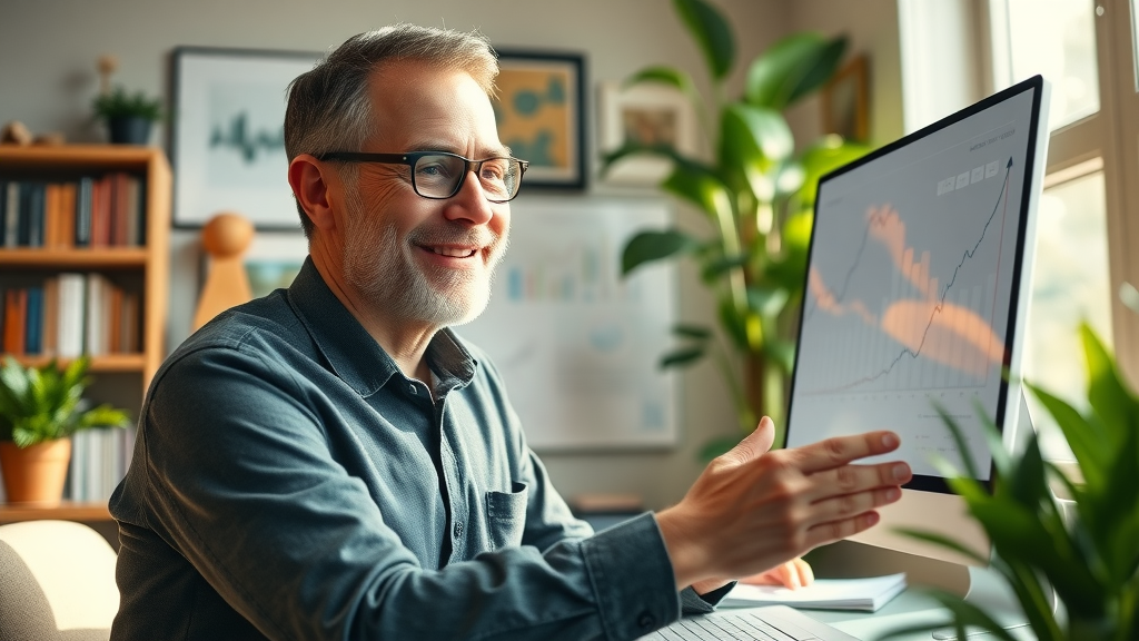 confident investor studying capital gains strategy for high income earners on a digital screen in a sophisticated home office