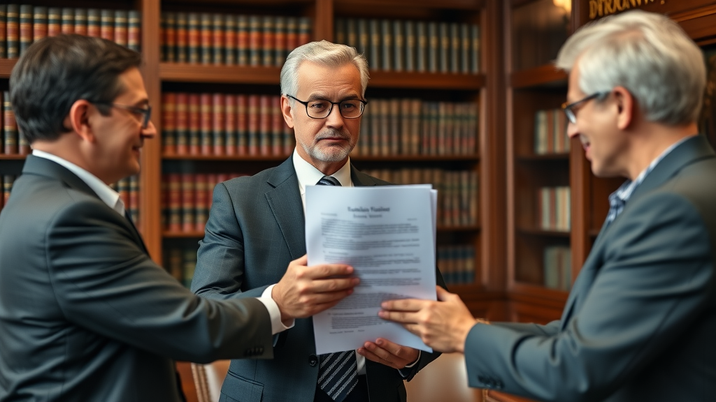 Legal advisor presenting estate planning documents to high net worth clients in classic law office