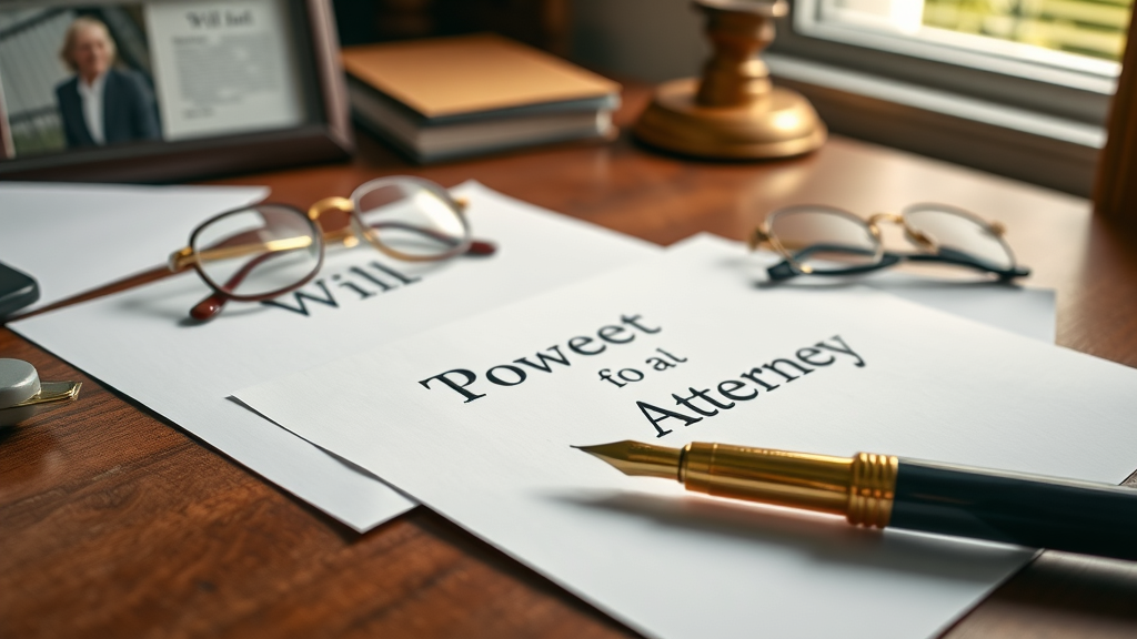 Estate planning - Organized legal documents for wills, trusts, and power of attorney on a mahogany desk