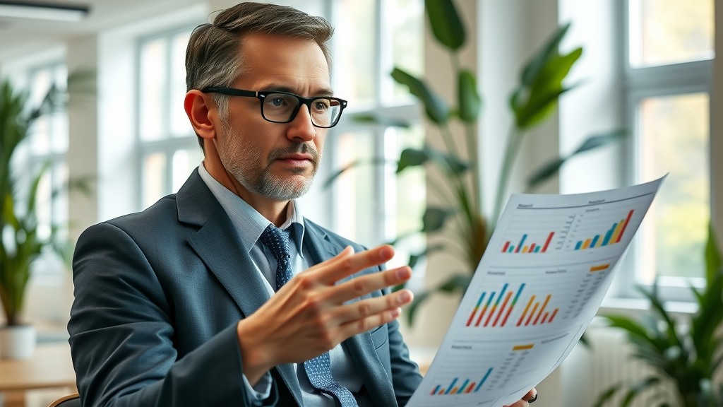 thoughtful financial advisor, explaining a bespoke tax plan with colorful charts, tax planning advisor, open office, green plants, bright and professional atmosphere