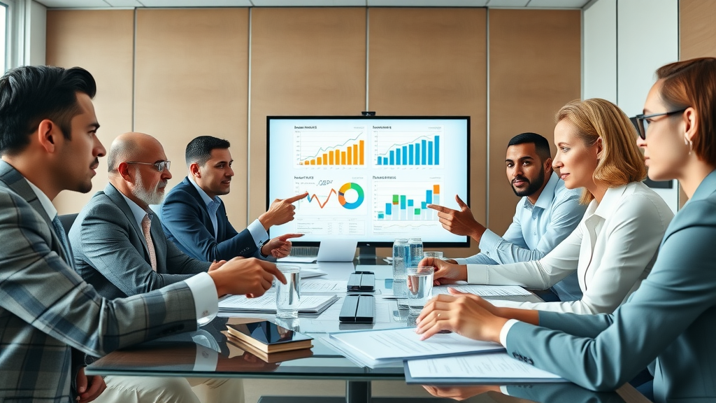 SWOT analysis strategic planning: diverse executive board analyzing charts in a modern boardroom