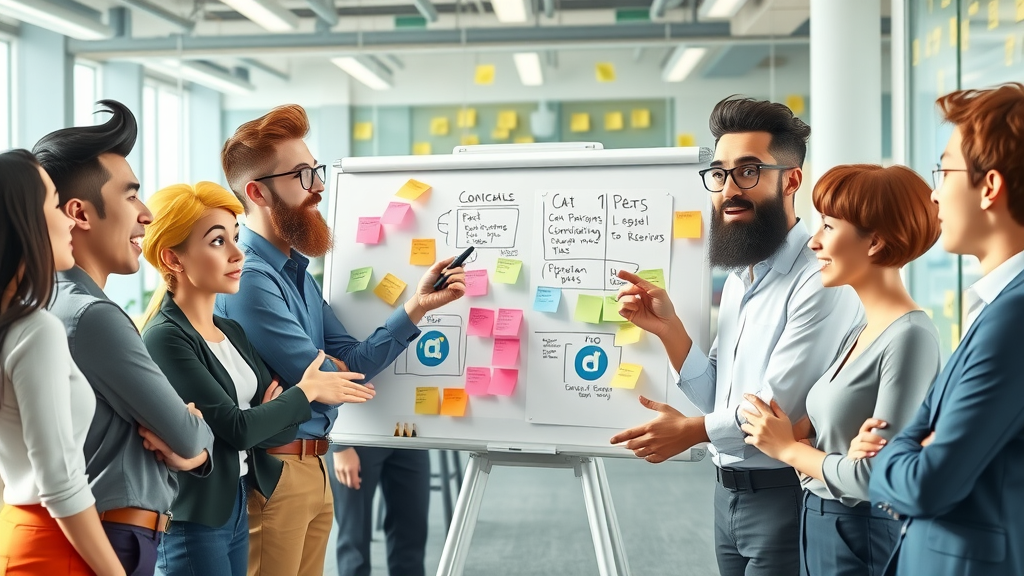 diverse consulting team mapping strategy on whiteboard in modern glass-walled office