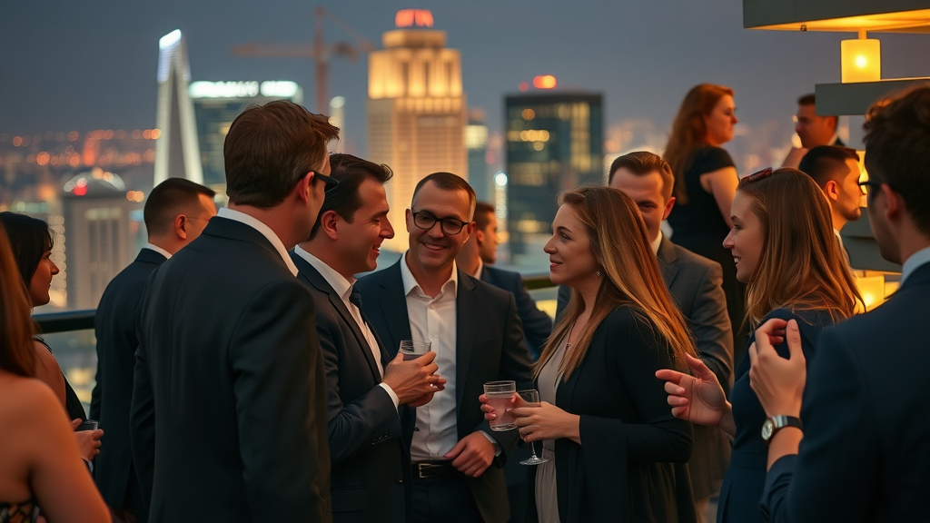 high-level networking event, consultants with industry leaders, city rooftop, consulting group, boston consulting group, oliver wyman, business consulting, professional event