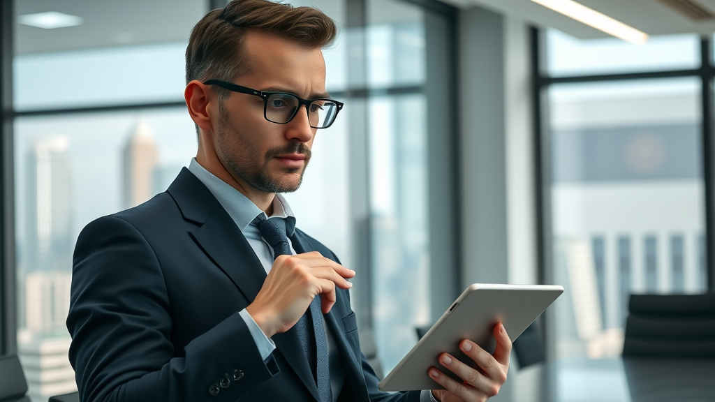 Professional business strategy consultant analyzing company data on tablet, strategic planning, business strategy consultant