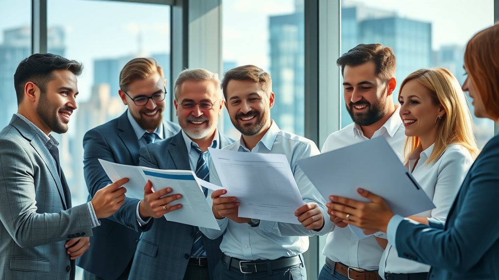 high income entrepreneurs reviewing tax strategy documents in a modern office, confident business owners discussing profitable business ideas