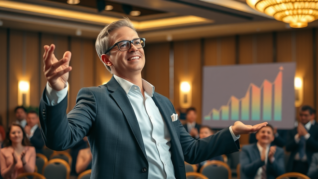 world examples of effective business strategies: CEO presenting impressive growth chart to an engaged audience