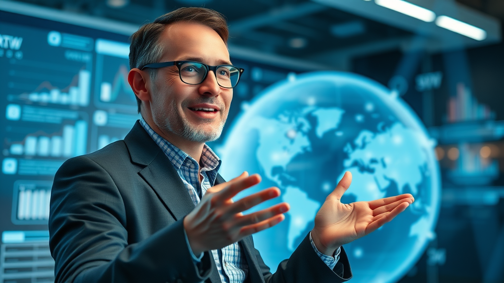 Visionary startup leader presenting business strategy to a global audience, market development for startup growth strategies