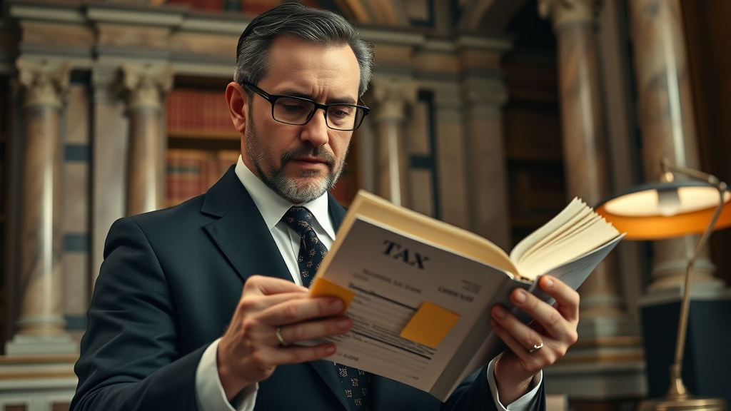 Estate planning - Lawyer referencing thick tax law books to explain 5 or 5 rule and estate taxes in elegant law library