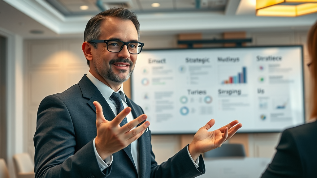 growth strategy consultant presenting business strategy and growth plan in a conference setting