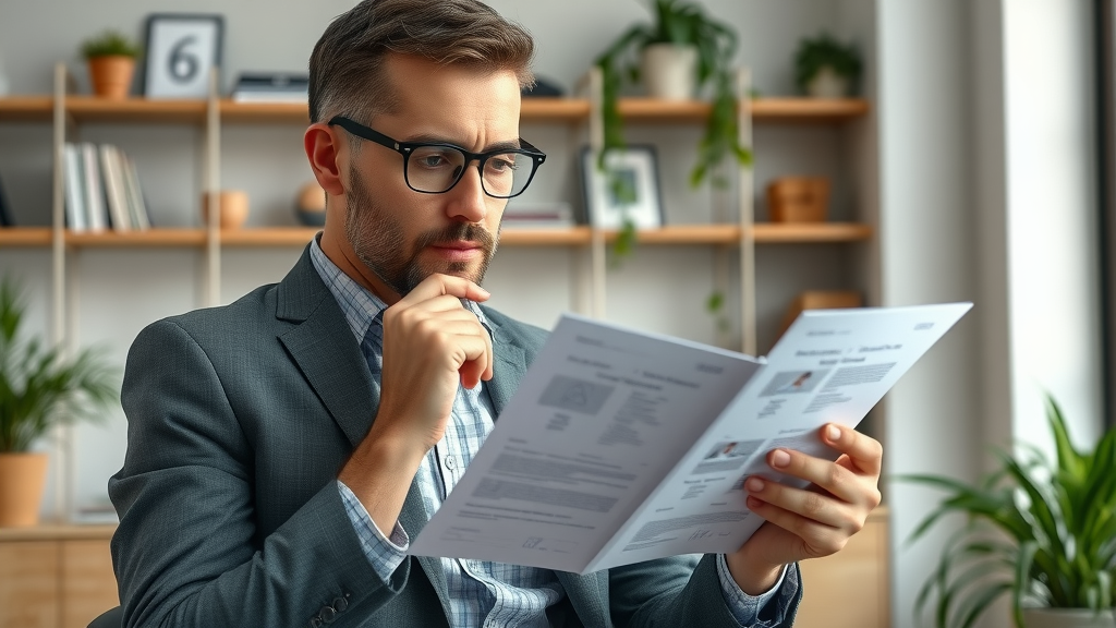 business owner evaluating business strategy consultant profiles on digital tablet, reviewing documents, contemporary workspace