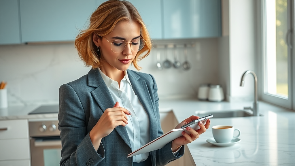 Estate planning - Smart woman calculating estate planning fees in her modern kitchen