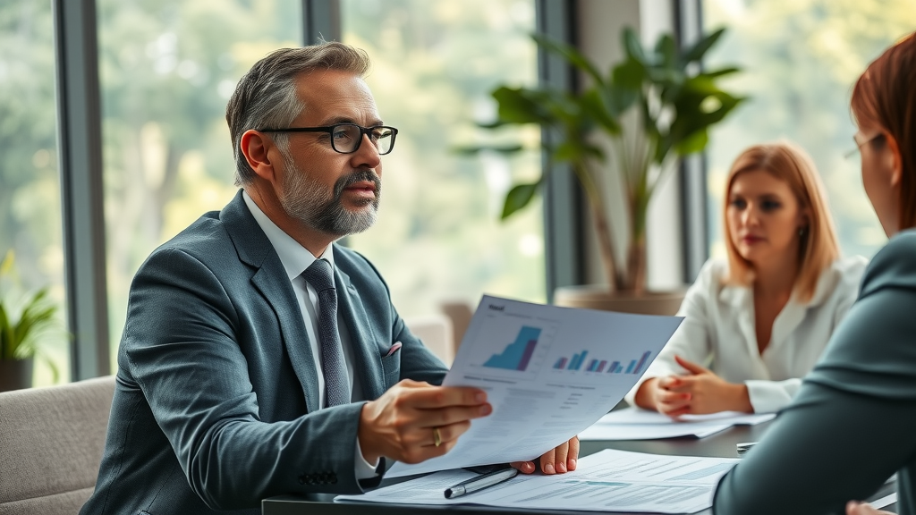 business strategy consultant reviewing strategic reports with executives in a modern office setting