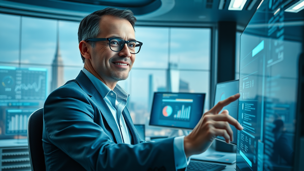 futuristic consulting office, digital displays, consultant interacting with AI dashboard, information technology consulting trends