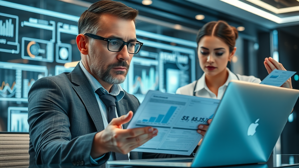 business owner analyzing reports with consultant, growth opportunities, growth consultant