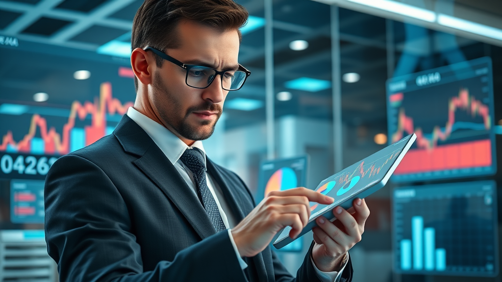 High net worth individual analyzing investment risk and performance on digital tablet in futuristic office