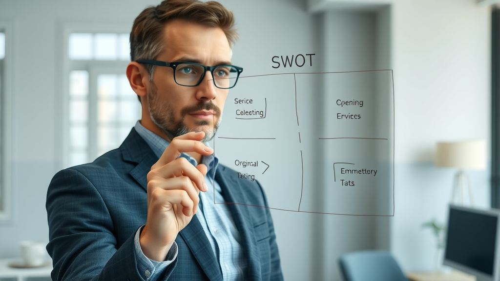 strategy consultant drawing SWOT analysis diagram on glass, explaining business strategy in modern office