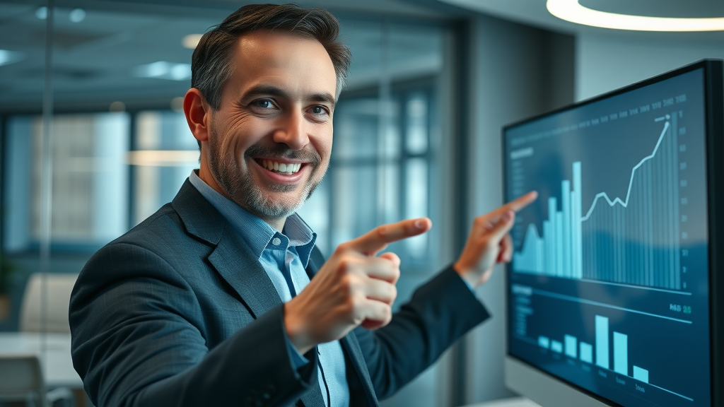 experienced business consultant presenting growth strategy, business consulting services, digital chart on screen
