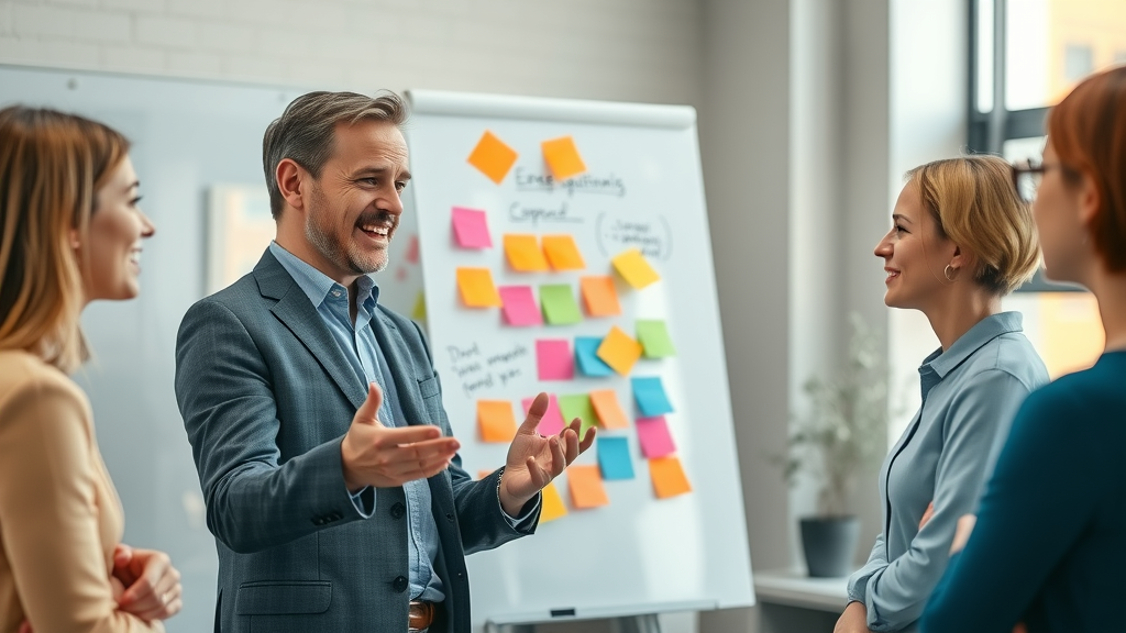 business consultant coaching small team, using whiteboard, consulting services for teams, collaborative workspace