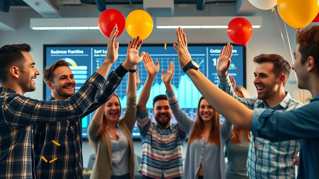 Energetic startup team celebrating business success in front of upward trending growth charts, real-world startup growth strategies