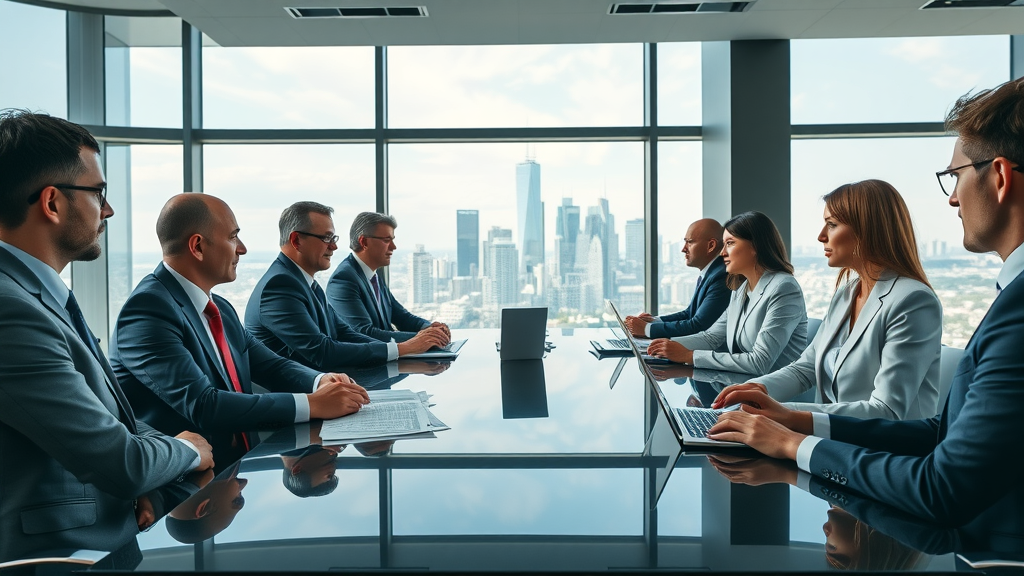 sophisticated boardroom, group of well-dressed consultants, professionally engaged in discussion around a polished conference table, Main Keyword: high income earners consultant, Competitor Keywords: consulting firm, consulting firms, modern skyline visible through floor-to-ceiling windows, highly detailed, natural daylight