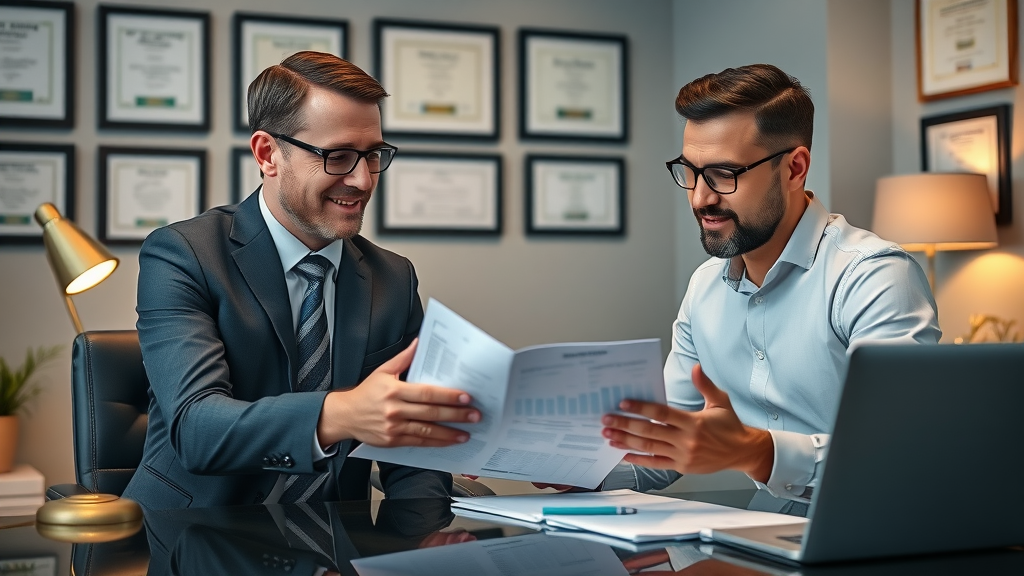 professional tax advisor consulting small business owner on tax plan in office