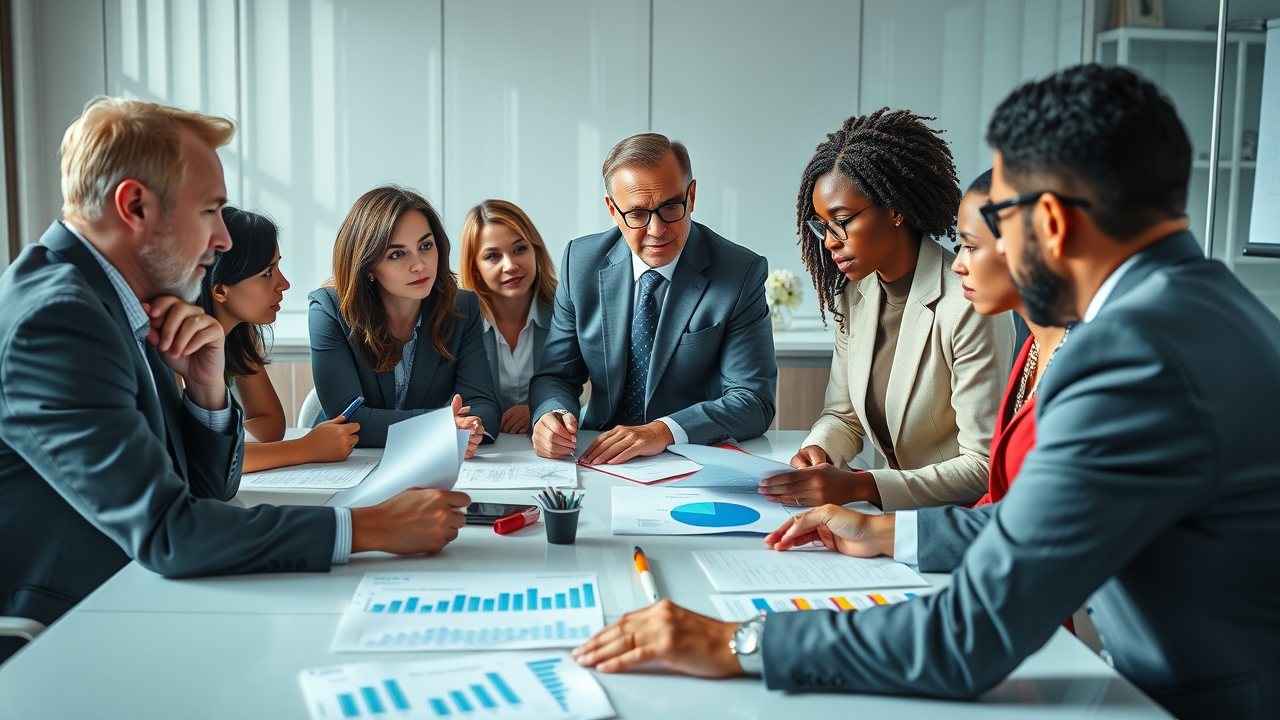 Business growth consultant guiding team strategy session in bright modern office