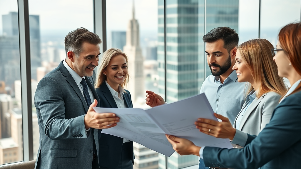 top business strategy inspiring corporate team collaborating on business documents in a modern office, with a cityscape in the background