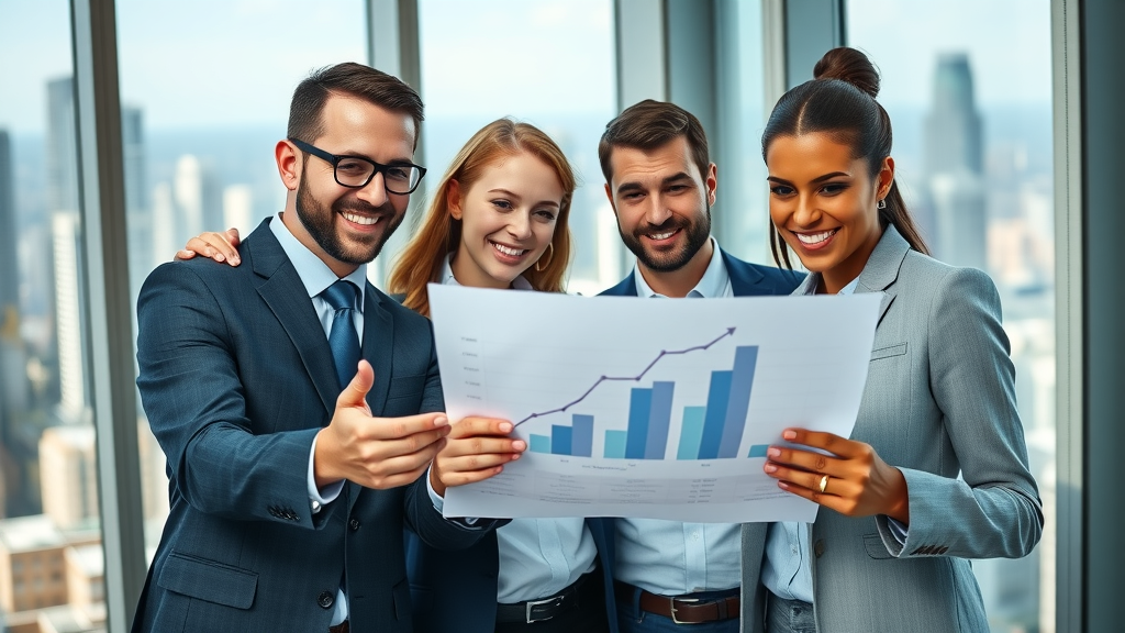 business growth strategy consultant executive team reviewing growth charts in a modern high-rise office