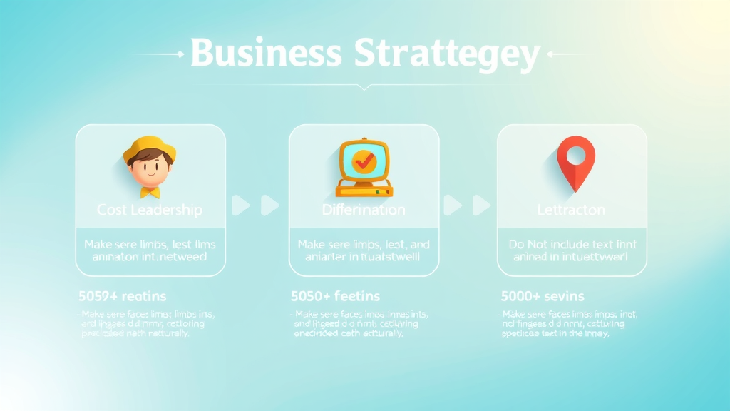 strategy examples infographic: different top business strategy types including cost leadership, differentiation, and focus