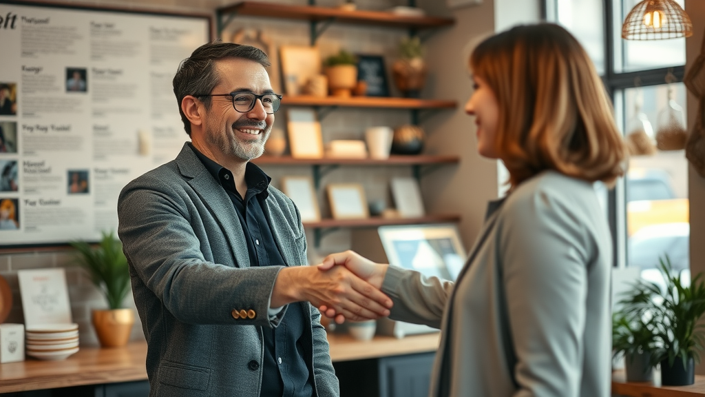 entrepreneur shaking hands with consultant in small business environment, business growth consultant, ROI