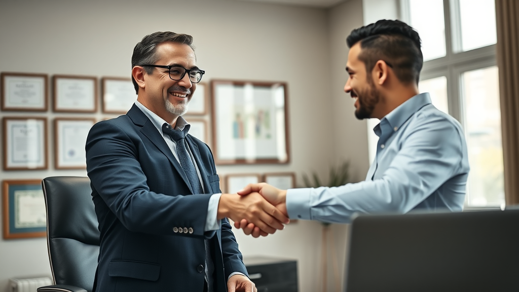 professional consulting service for high income entrepreneurs and small businesses, handshake in upscale office