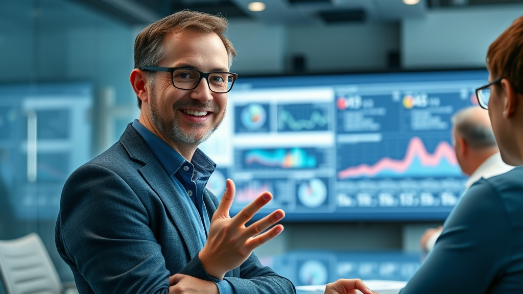 strategy consultant presenting analytics to a team in a high-tech conference room